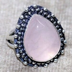 Rose Quartz Heart-Shaped Gemstone 925 Sterling Silver Handmade Ring